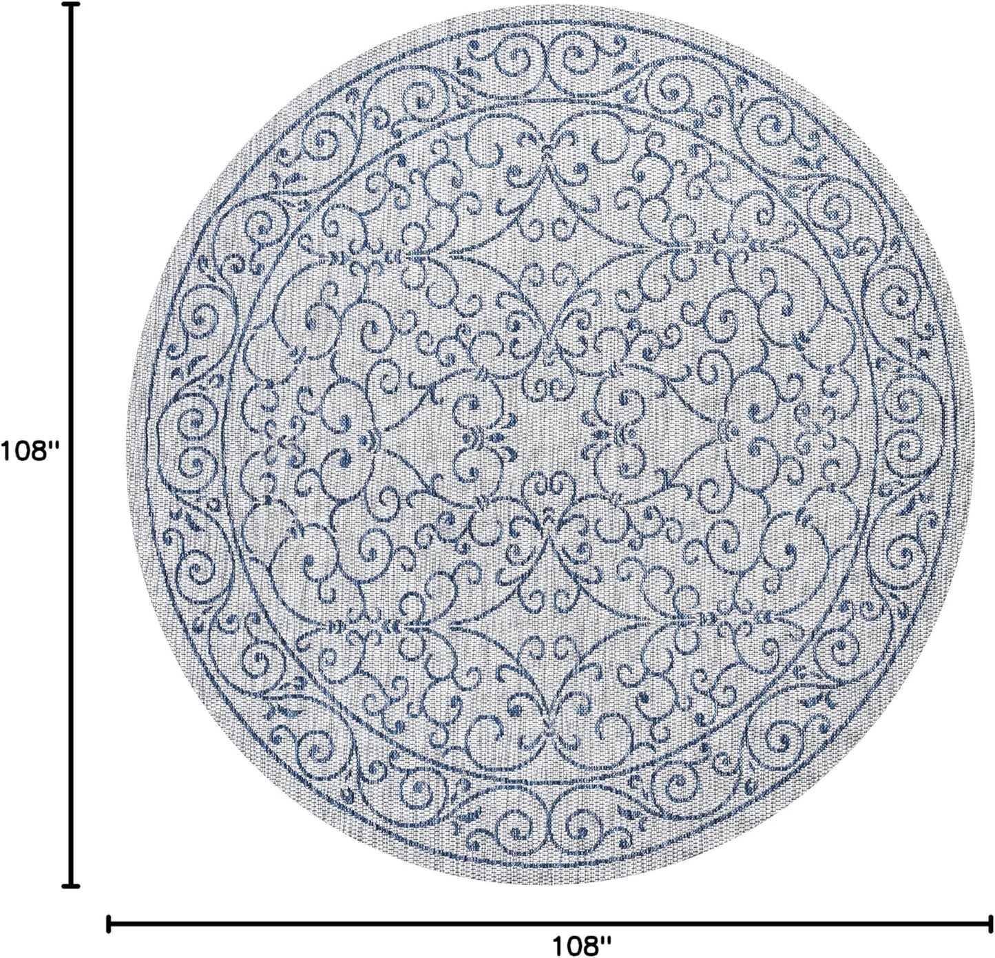 JONATHAN Y Vintage Filigree Indoor Outdoor Round Area Rug 9 Ft Gray/Navy, Charleston Textured Weave for Backyard, Patio, Porch, Easy-Cleaning, High Traffic, Pet-Friendly, Non-Shedding (SMB106C-9R)
