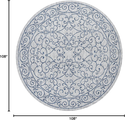 JONATHAN Y Vintage Filigree Indoor Outdoor Round Area Rug 9 Ft Gray/Navy, Charleston Textured Weave for Backyard, Patio, Porch, Easy-Cleaning, High Traffic, Pet-Friendly, Non-Shedding (SMB106C-9R)