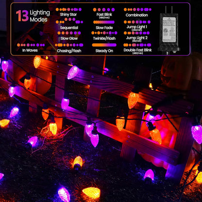 2PK 100 LED Purple and Orange C9 Halloween Lights Indoor Outdoor, Extendable 98FT C9 String Lights with 13 Modes & Timer, Waterproof Plug in Halloween Decorations for Tree Patio Fall Party Garden