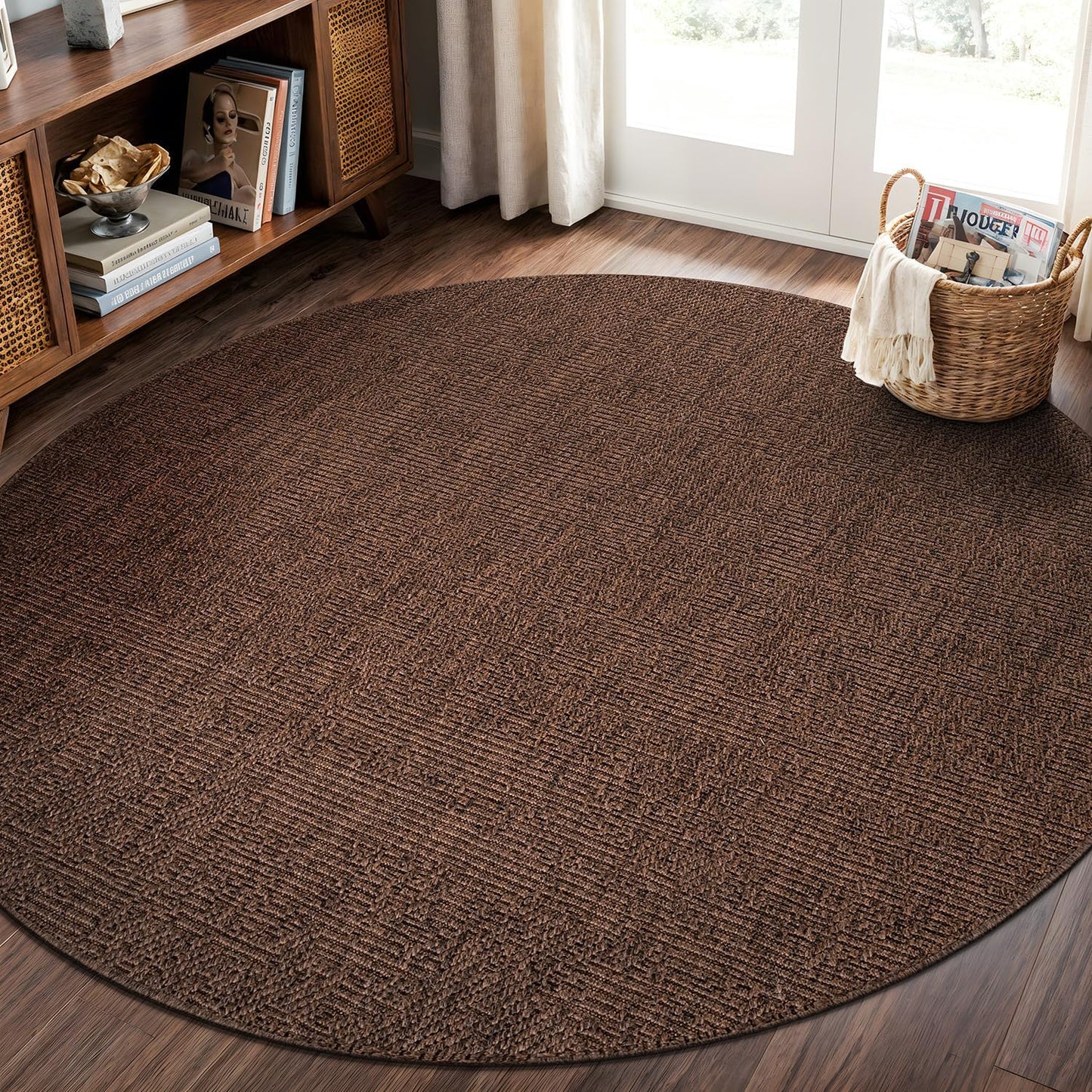CAMILSON Easy Jute Round Rug 6ft Indoor Outdoor Brown Color Fiber Area Rugs for Living Room Patio and Kitchen Rug, Solid Boho Woven Design Easy-Cleaning, Washable Outside Carpet Alfombras (6 Round)