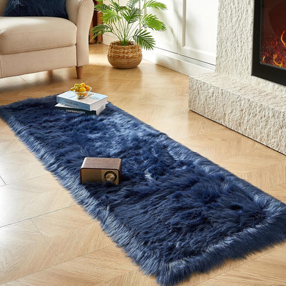 AMTOVO Faux Fur Rug, Dark Blue Ultra Soft Fluffy Shag Sheepskin Rug, 2 x 6 ft Runner Area Rugs for Bedroom Sofa Throw Cushion Room Decor, Rectangle