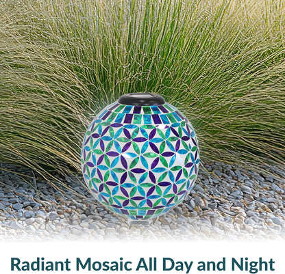 Sunnydaze 10 inch Solar Gazing Ball for Garden - Glass Outdoor Gazing Globe - Mosaic Cool Blooms