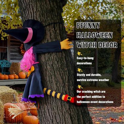 POPGIFTU 51" Halloween Crashing Witch Decoration – Pink Flying Witch for Tree, Yard, Porch, and Indoor Outdoor Halloween Décor