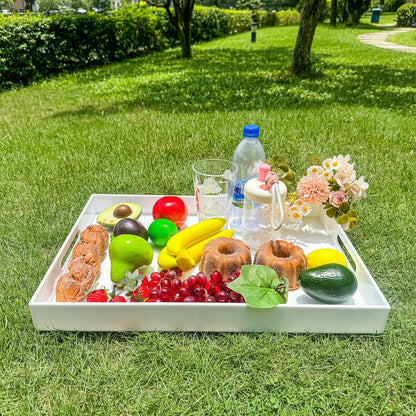 White Rectangular 14x20 Inches Acrylic Ottoman Tray Decorative Serving Tray with Cutout Handles Organizer Tray on Coffee Table Countertop Big Breakfast Bed Tray Living Room Appetizer Serving Food