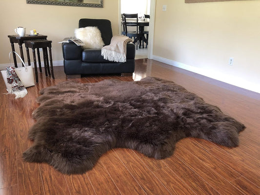 LAMBZY Faux Sheepskin Hypoallergenic Free Shape Silky Shag Rug, Luxury Shaggy Silky Plush Carpet for Bedrooms Rugs Living Room Kids Rooms Sofa Floor Rugs (Sexto 6 Pelts 6'x6',180x180 cm, Brown)