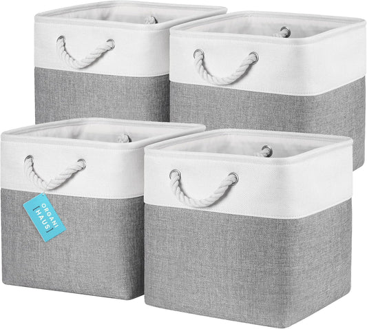 OrganiHaus 12x12 Cube Storage Bins 4 Pack, Foldable Cube Storage Organizer w/ Rope Handles, Collapsible Fabric Bins for Toys, Clothes & Closet Organization, Fabric Square Baskets - Gray/White