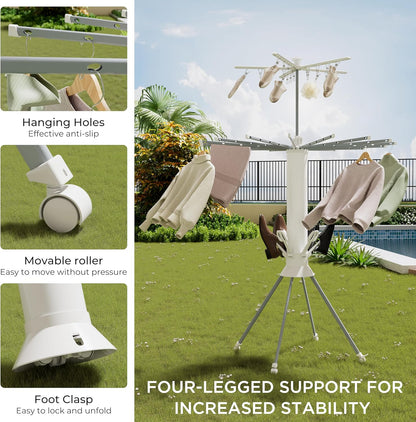 Clothes Drying Rack, 4-Legged Portable Drying Rack Clothing with 20 Clips, Shoe Dryer Rack, Outdoor Foldable Laundry Drying Racks with 4 Pulleys, Aluminum Hanging Dry Rack