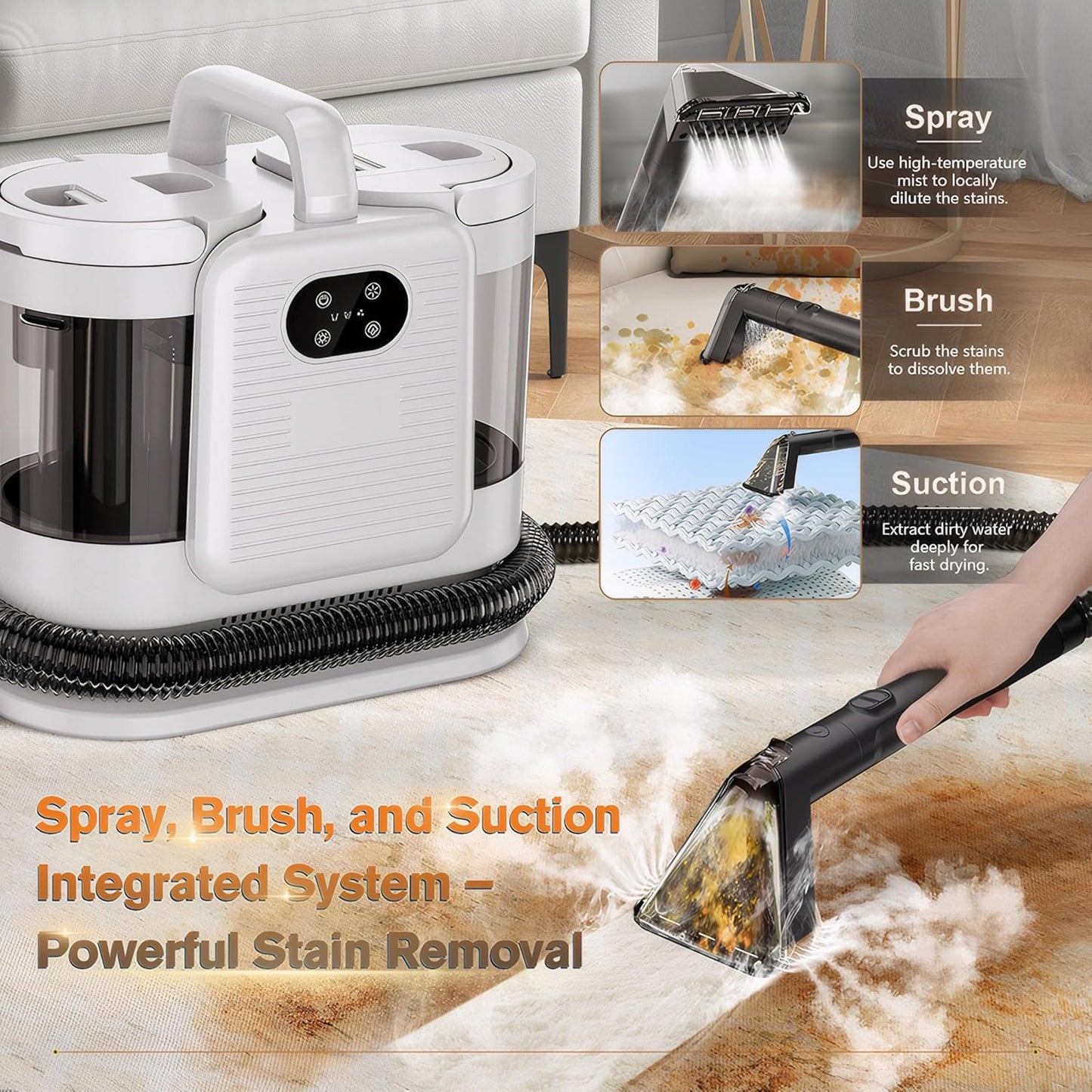 Portable Carpet and Upholstery Cleaner Machine, Deep Cleaning Carpet Shampooer and Multi-Stain Spot Cleaner for Pets, Sofa, Couch, Rug, Car Seat, Stairs & Furniture(White)