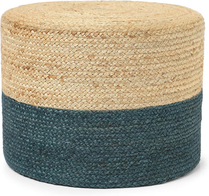 REDEARTH · Cylindrical Pouf Foot Stool Ottoman - Jute Braided Pouffe Poof Accent Sitting Footrest for Living Room, Bedroom, Nursery, Patio, Lounge & Other Rooms (Natural Teal, 18"x18"x14")