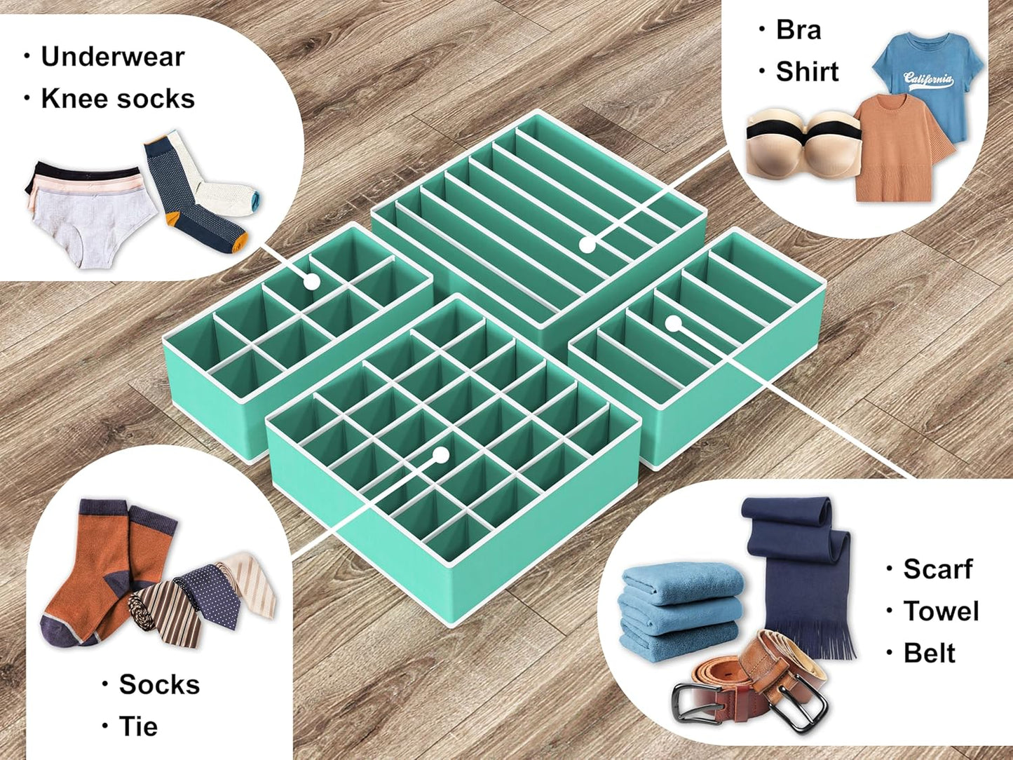 Simple Houseware 4-Pack Drawer Organizer Set - Closet Dividers for Underwear, Socks, Bras, Scarves, Ties - Foldable Non-Woven Storage Boxes, Turquoise