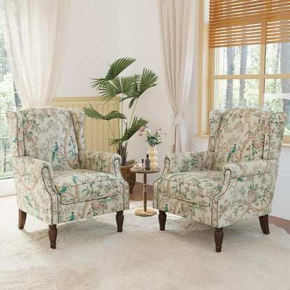 Lumibee Wingback Accent Chair, 2 Set High Back Floral Armchairs in Fabric,Comfy Upholstered Reading Single Sofa Chairs with Solid Wood Legs for Living Room,Bedroom,Office-Bird