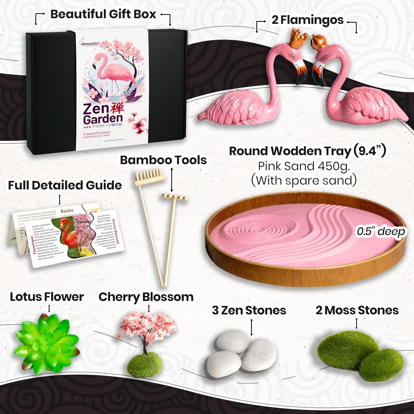 Flamingo Zen Garden Kit for Desk, Cute Japanese Flamingos Gifts for Women, Mini Zen Garden Sand Tray, Pink Room Decor Aesthetic, Home Office Desk Decorations, Sand Therapy Kit