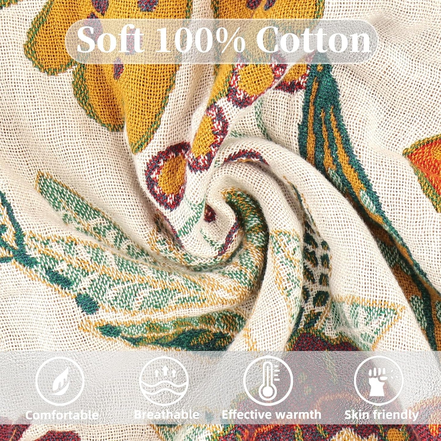 Boho Throw Blanket for Bed - 100% Pure Cotton Ultra Soft Rustic Quilt - Farmhouse Decor Bed Blankets, All Season Rustic Throw for Sofa Couch Chair(91''x 98'', Floral Blossom)