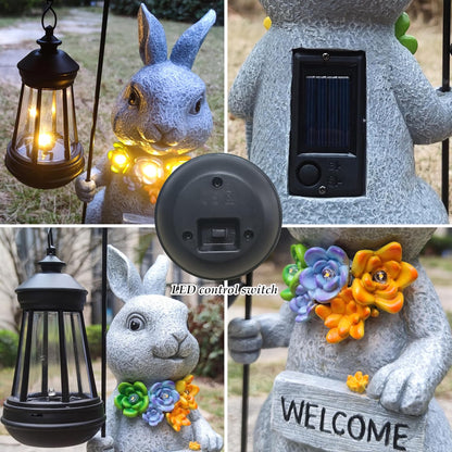 Solar Rabbit Garden Statues Outdoor Décor with Lantern- Rabbit Figurines Solar LED Light Lawn Ornaments - Yard Decorations for Patio, Balcony, Backyard -Unique House Warming Gifts for Mom