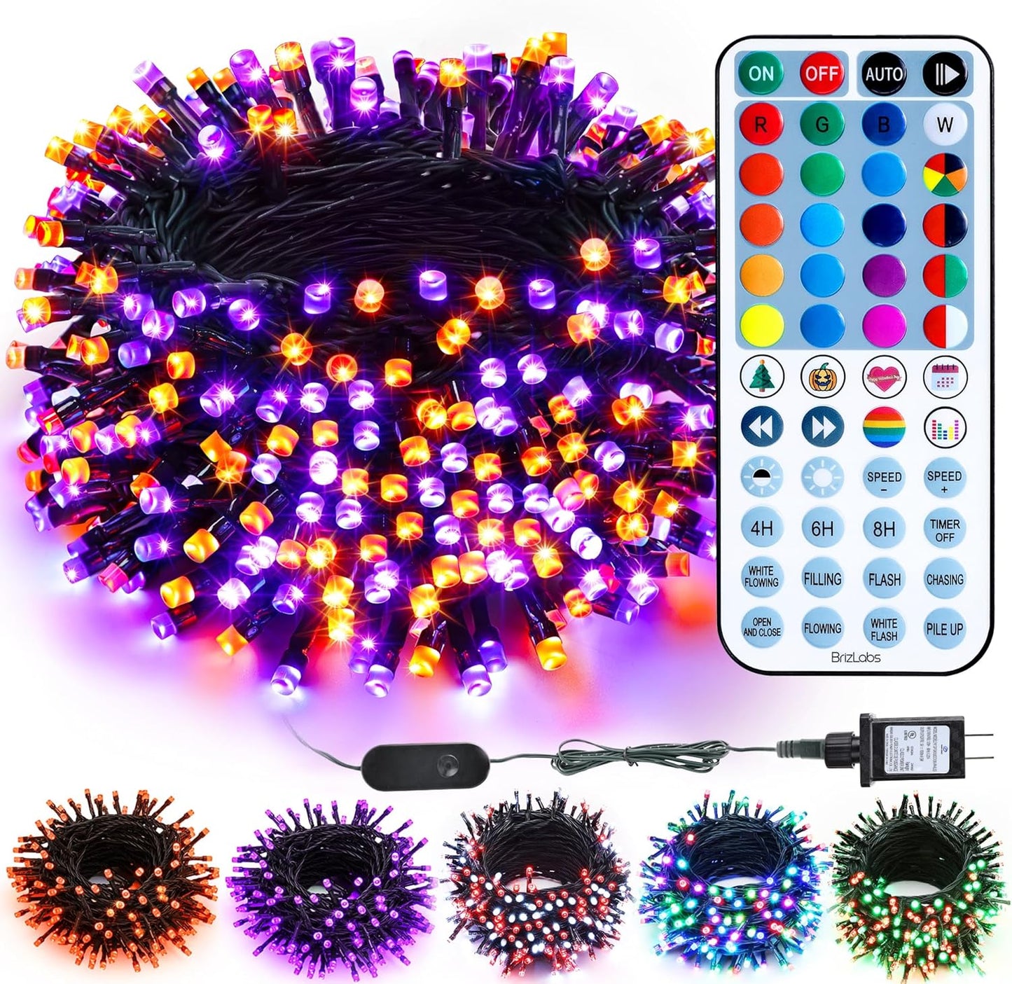 BrizLabs Orange Purple Halloween Lights, 33FT 100 LED RGB Color Changing String Lights with Remote, Dimmable Mini Christmas Light String with Timer for Indoor Outdoor Halloween Thanksgiving Xmas Decor