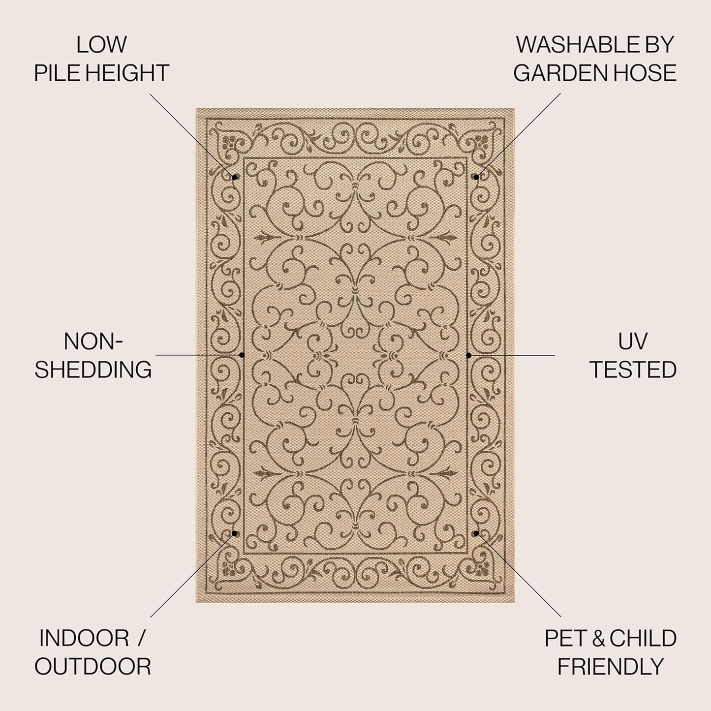 JONATHAN Y Vintage Filigree Indoor Outdoor Round Area Rug 4 Ft Beige/Brown, Charleston Textured Weave for Backyard, Patio, Porch, Easy-Cleaning, High Traffic, Pet-Friendly, Non-Shedding (SMB106A-4R)