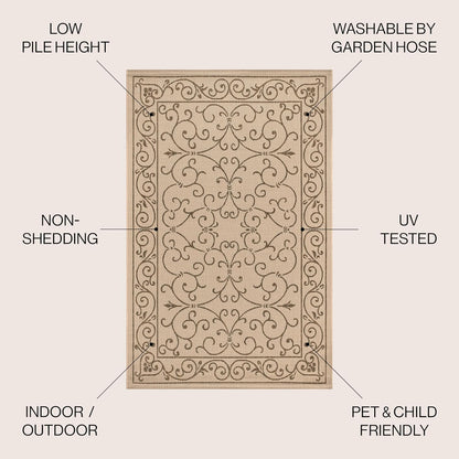 JONATHAN Y Vintage Filigree Indoor Outdoor Round Area Rug 8 Ft Beige/Brown, Charleston Textured Weave for Backyard, Patio, Porch, Easy-Cleaning, High Traffic, Pet-Friendly, Non-Shedding (SMB106A-8R)