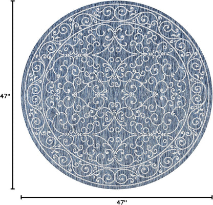 JONATHAN Y Vintage Filigree Indoor Outdoor Round Area Rug 4 Ft Navy/Gray, Charleston Textured Weave for Backyard, Patio, Porch, Easy-Cleaning, High Traffic, Pet-Friendly, Non-Shedding (SMB106D-4R)