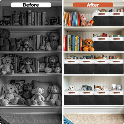 13in Open Fabric Storage Basket with Leather Handles for Organizing, Collapsible Linen Closet Bins for Shelves, Closets, Laundry, Decorative Basket for Gifts. (White＆Black, 2PCS/13x13in)