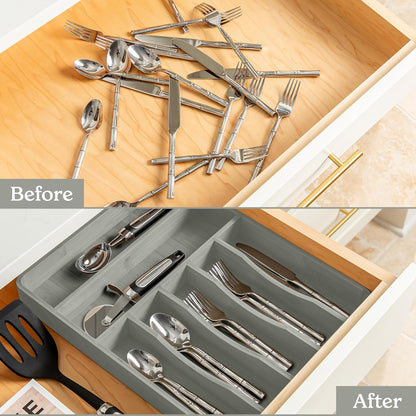 SMIRLY Silverware Drawer Organizer – Bamboo Kitchen Drawer Organizer, Adjustable Utensil Holder and Cutlery Tray, Drawer Dividers for Flatware and Kitchen Utensils
