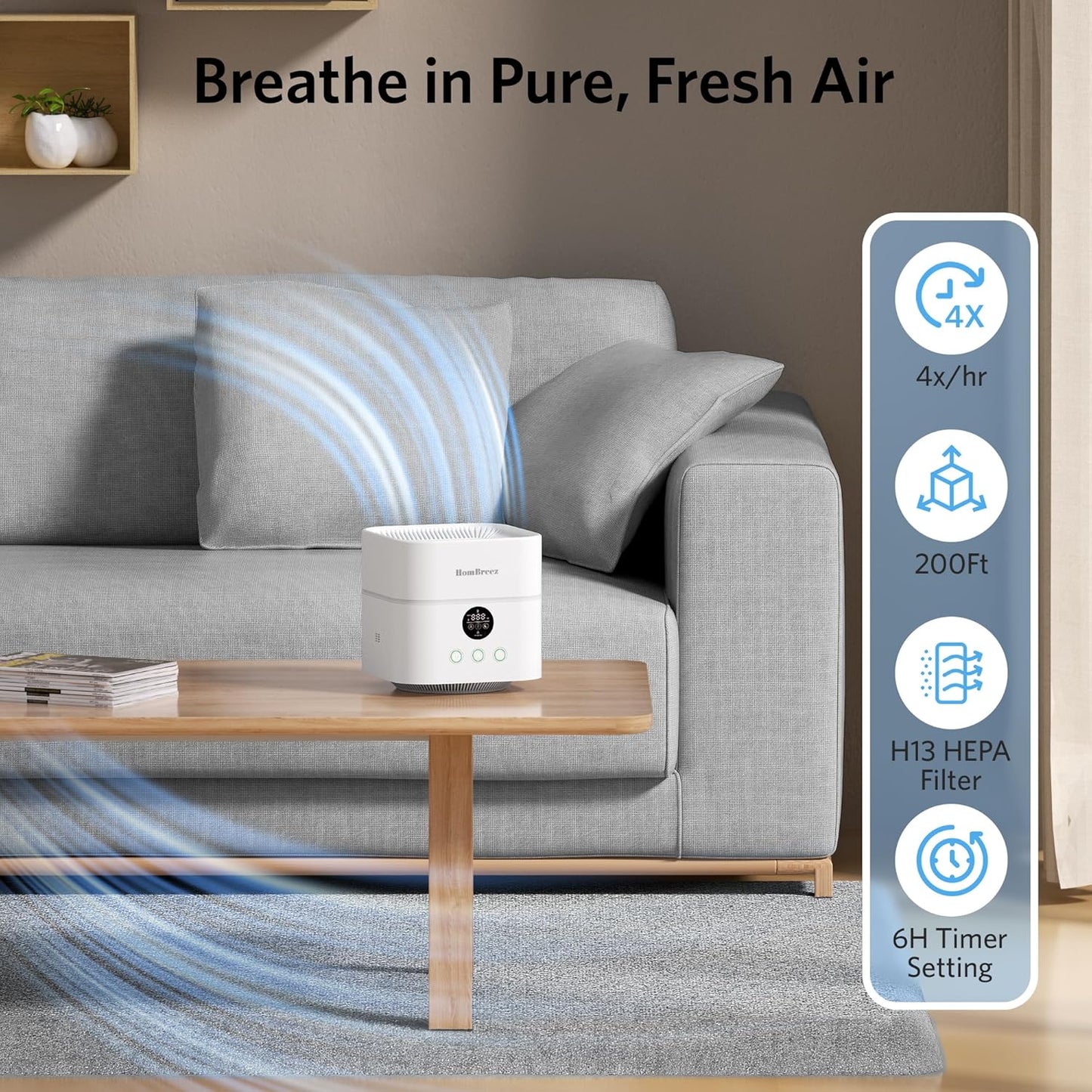 Air Purifier and Humidifier Combo for Bedroom, Covers Up to 200ft², H13 True HEPA Filter, 500ML Water Tank, Quiet Cool Mist Top Fill Essential Oil Diffuser for Baby, Pet Room, White