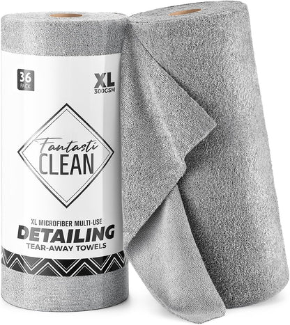 Fantasticlean XL Tear-Away Microfiber Cleaning Cloth Roll, 16'' by 16''- 36 Sheets, Thick & Large Detailing Towels, Ultra Absorbent, Lint-Free Reusable Wipes for Home, Car or Outdoor (Glossy Grey)