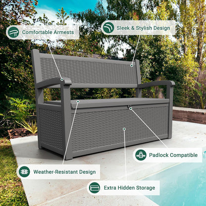 70 Gallon Deck Bench with Storage,Outdoor Storage Box Bench Waterproof&Lockable, Resin Patio Furniture with Armrest for Patio, Porch, Garden,Grey