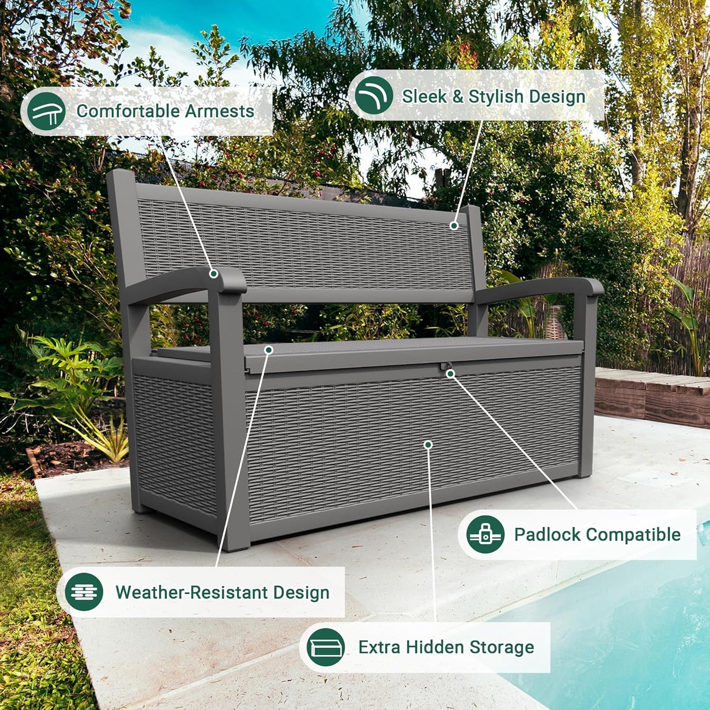 70 Gallon Outdoor Storage Box, Resin Patio Furniture with Armrest, Lockable Deck Box with Waterproof and UV Resistant for Patio Cushions, Garden Tools and Pool Supplies, Grey