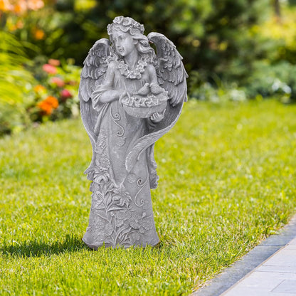 Outdoor Statues Angel Décor Garden Statue- 23.5" H Angel Statue,Resin Angel with Bird Figurine, Ideal for Yard, Patio, Deck, Home Entryway, and Hallway（Grey）