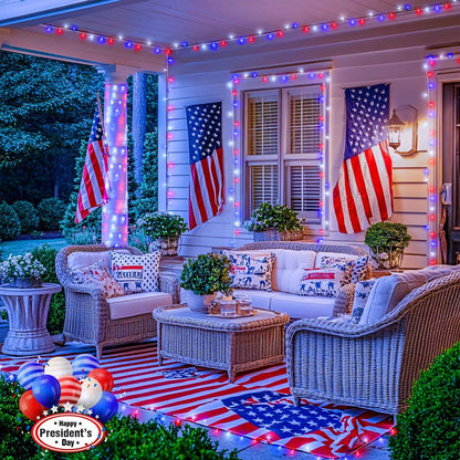 JMEXSUSS 2 Pack Red White and Blue Lights Outdoor, 33ft 100 LED 4th of July Lights Battery Operated, 8 Modes Patriotic Decorations for Indoor Outside Independence Day American Flag Holiday