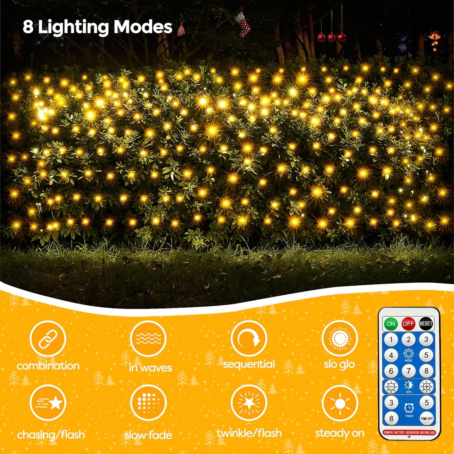 WBao Solar Christmas Lights Outdoor 200LED 8.4ft x 5.2ft Christmas Net Lights with Remote, 8 Lighting Modes, Timer, Waterproof for Lawn, Bushes, Shrubs, Trees Outdoor Christmas Decorations, Warm White