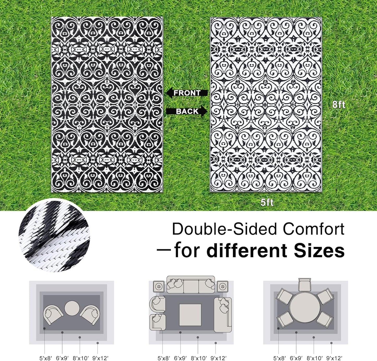 OLANLY Outdoor Rug Waterproof 5x8 ft Clearance, Reversible Outdoor Plastic Straw Rug with Floral Pattern, RV Mat for Patio, Camping, Balcony, Deck, Backyard, Black & White