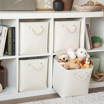 OrganiHaus 12x12 Cube Storage Bins 4 Pack, Foldable Cube Storage Organizer w/ Rope Handles, Collapsible Fabric Bins for Toys, Clothes & Closet Organization, Fabric Square Baskets - Off-White