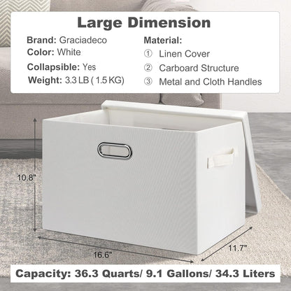 Large 17" 36 Quart Collapsible Stackable Storage Bins with Lids, 1 Pack White Foldable Fabric Closet Storage Boxes with Lids, 4 Handles Heavy-duty Linen Cube Baskets for Bedroom