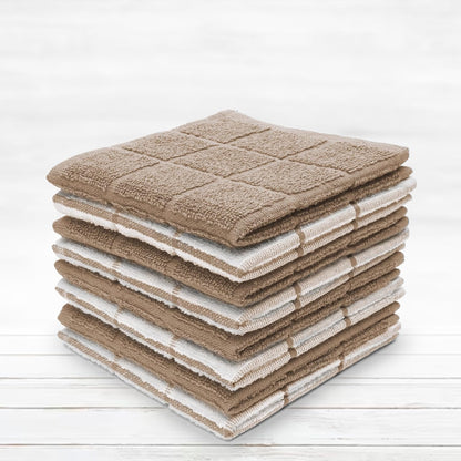 100% Cotton Terry Dish Cloth & Dish Towel, 6 Pack, Super Soft and Absorbent Kitchen Towels, Perfect for Kitchen Cleaning and Dish Washing (TAN (Solid and Checks) 8 Pack)