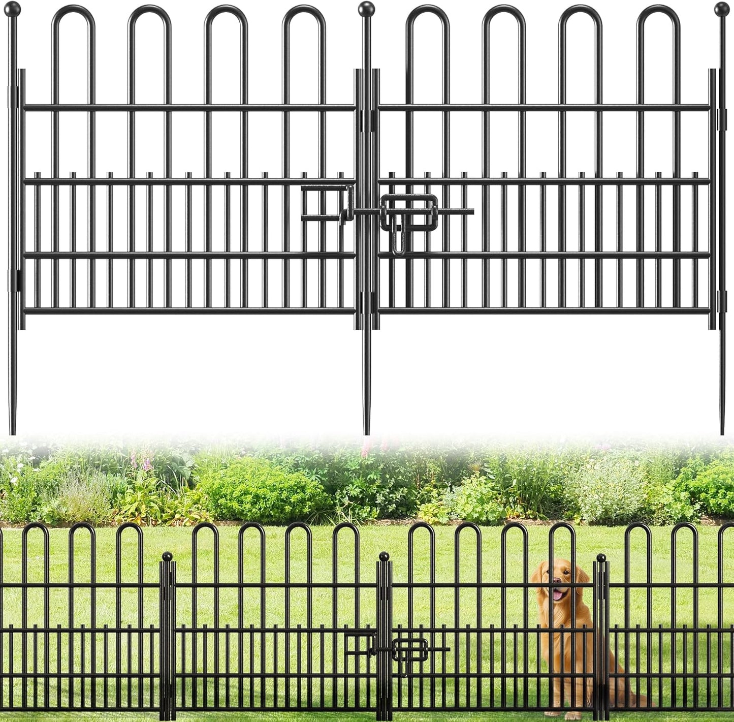 5 Panels Decorative Garden Fence with U-Shape and Latch Gate, 24.01in (H) X 10.04ft (L) Dog Fence Outdoor for Yard Security, Garden Fencing Includes Deep Stakes