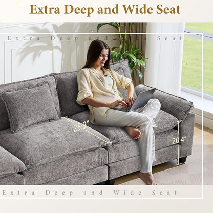 URRED Modular Sectional Sofa Comfy Cloud Couch, Modern Chenille Sofa Sleeper Deep Seat Couches with Ottoman/Pillows for Living Room (Gray, 117'')