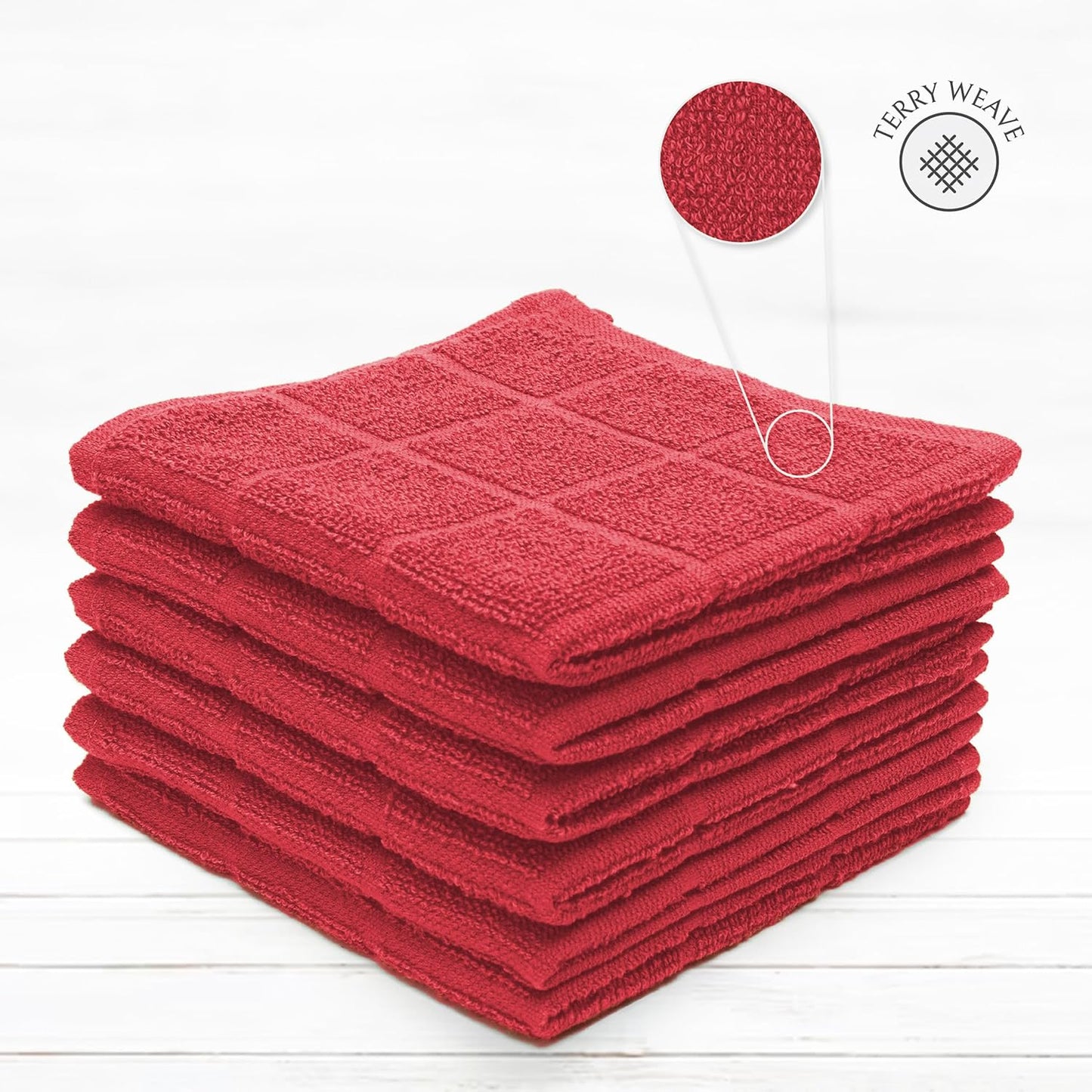 100% Cotton Dish Cloths for Dish Washing, Terry Dish Cloth, Cotton Dish Rags, 6 Pack, Super Soft and Absorbent, 12"x12" inches, Reusable Cleaning Cloth, RED Dish Cloth