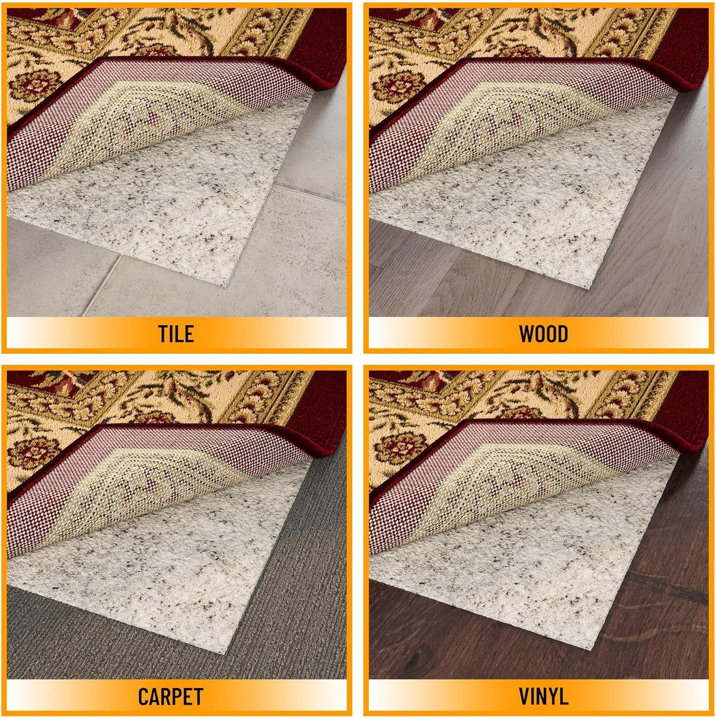 Ottomanson 7' x 7'8" Non-Slip Rug Pad Gripper 1/12 Inch Ultra Thin Dual Surface Felt + Rubber Gripper - Safe for All Floors, Cream