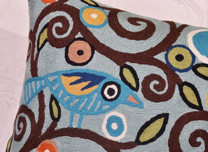 Tree of Life Birds Pillow Cover Teal Blue Floral Pillowcase Botanical Floral Outdoor Suzani Cushions Traditional Flower Cushion Hand Embroidered Cushions Wool Size - 18x18