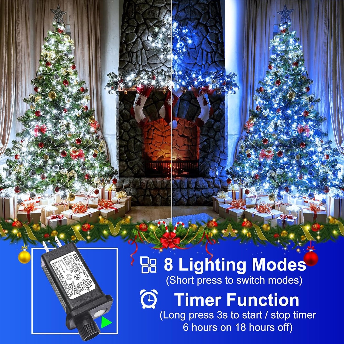2 Pack Christmas Lights Outdoor, Total 200FT 600LED Christmas String Lights with 8 Modes Waterproof, Green Wire Twinkle Tree Lights for Indoor Patio Xmas Decor, 1 Pack Blue & 1 Pack White