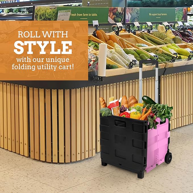 Inspired Living Ultra-Slim Rolling Collapsible Storage Pack-N-Roll Utility-carts, with Telescopic Handle, for Home, Garden, Shopping, Office, School use, Large, Pink & Black