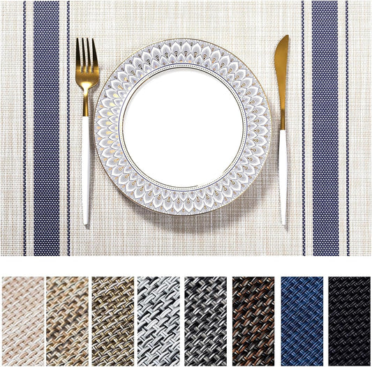 LEXMORE PlaceMats Set of 12 Vinyl/Plastic Woven Place Mats for Kitchen Table Indoor/Outdoor Washable PlaceMat Wipeable Dining Table Mats(Blue Skyline)