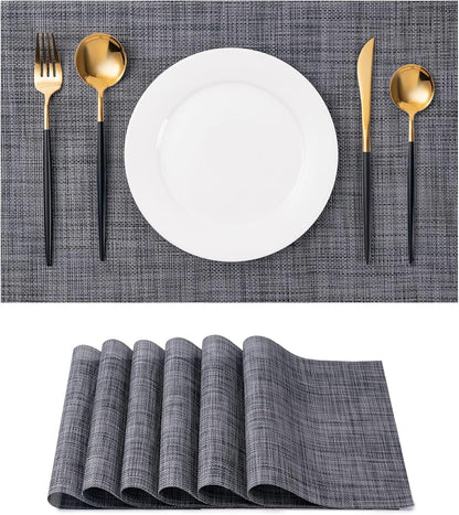 Placemats Set of 6 Washable Indoor/Outdoor Vinyl Place Mats for Dining Table Durable Non-Slip Heat Resistant PVC Weave Table Mats(Black)