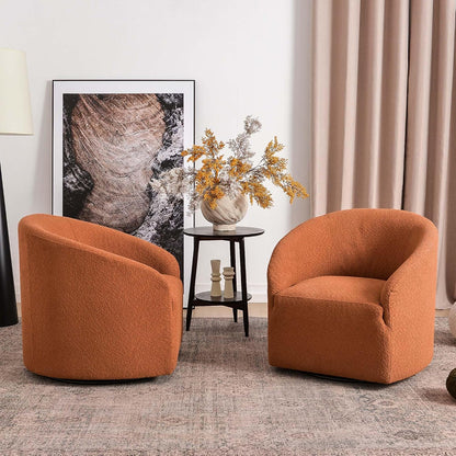 KINWELL 32" Wide Swivel Barrel Chairs Set of 2, Boucle Upholstered Swivel Accent Chairs, Mid-Century 360 Degree Swivel Chairs, No Assembly Round Armchairs for Living Room, Bedroom (Caramel)