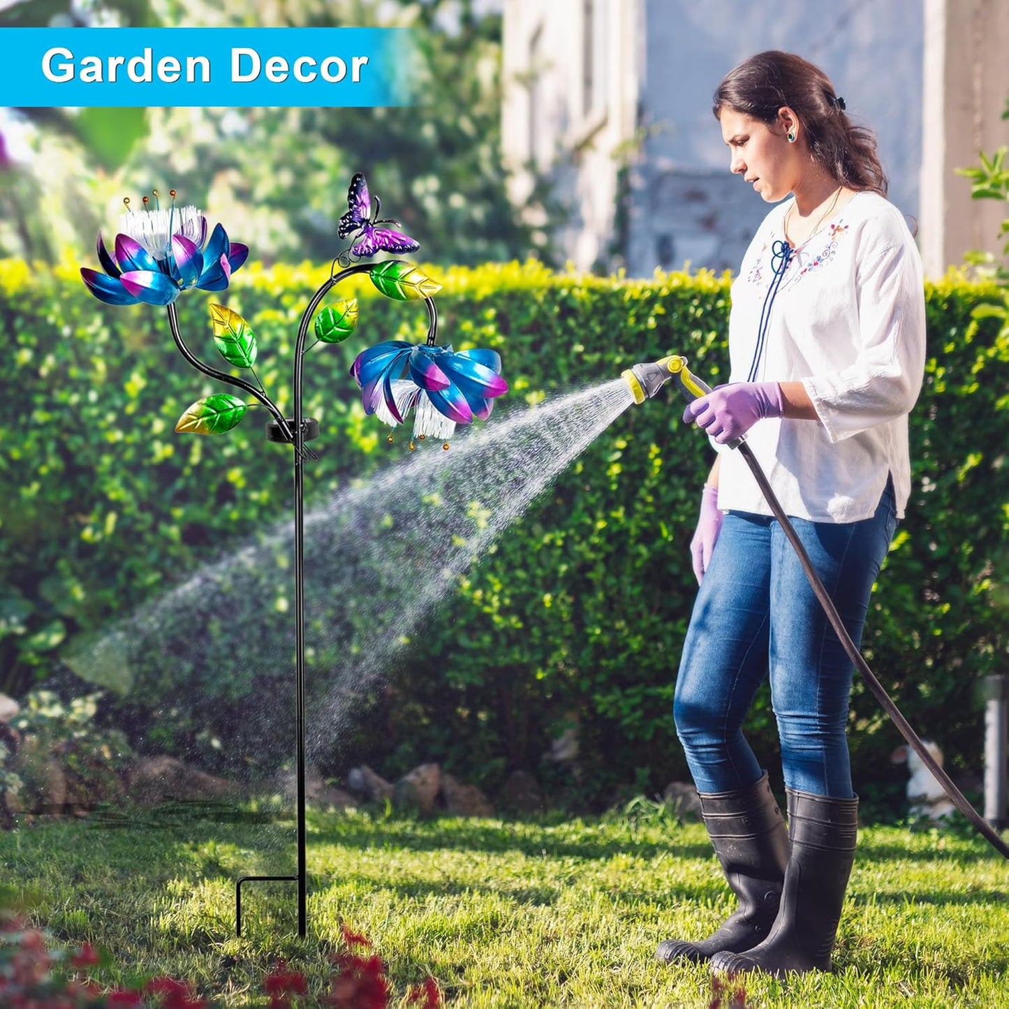 50'' Solar Powered Kinetic Wind Spinner Sculpture Blue Lotus Metal Stake Spinner for Patio, Lawn and Garden Decor Weather Resistant Outdoor Art with Dual Lotus with Butterfly Design