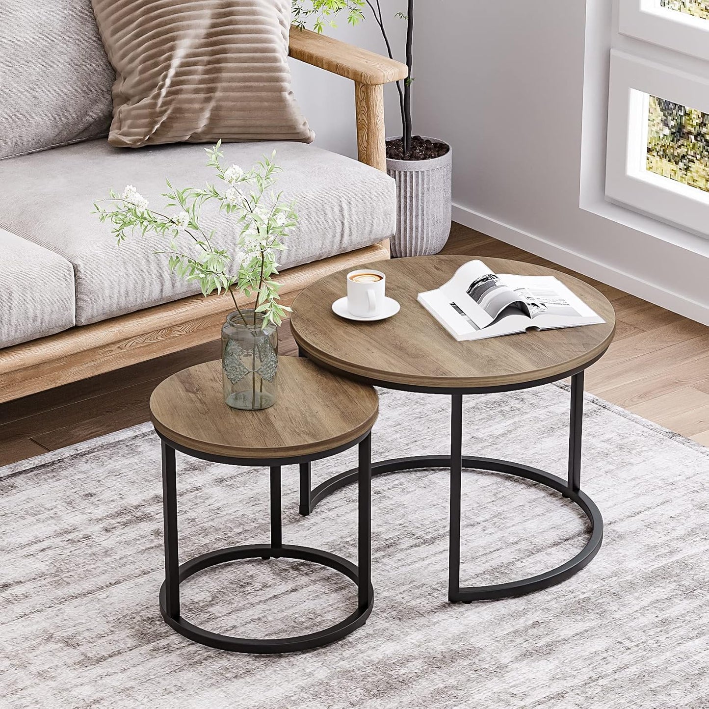 Smuxee Nesting Coffee Table Set of 2, 23.6" Round Coffee Table Wood Grain Top with Adjustable Non-Slip Feet, Industrial End Table Side Tables for Living Room Bedroom Balcony Yard