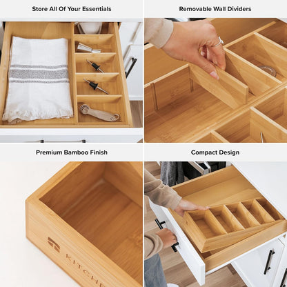Premium Kitchen Utensils and Junk Drawer Organizer – Small 5-Compartment Design with 4 Removable Dividers, Non-Slip Feet, 100% Sustainable Bamboo