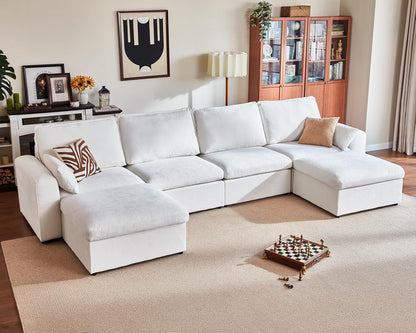Oversized Modular Sofa Comfy Cloud Couch with Storage, Extra Deep Plush Sectional Sofa Set for Living Room, Covers Washable, Chenille, Olar (White, 6-Seater with 2 Ottomans, u-Shaped)