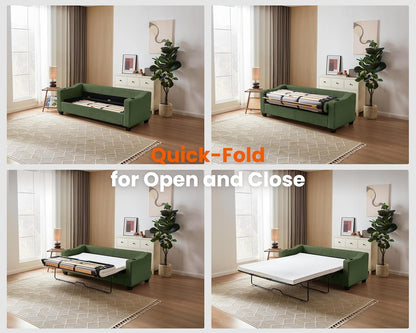 Pull Out Sofa Bed, Full Size Sleeper Sofa, 2-in-1 Convertible Corduroy Couch with USB Charging, Memory Form Couch for Living Room, Apartment and Small Space (Green, Corduroy - Queen Size)